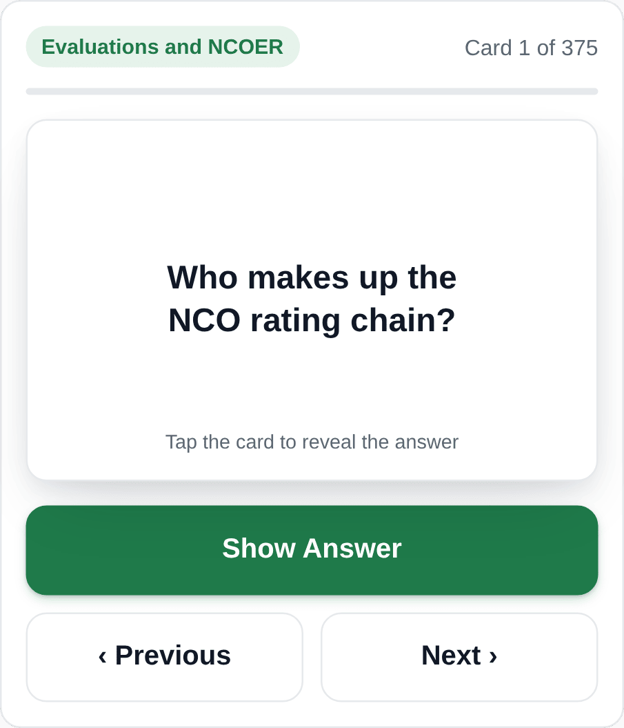 A flashcard — question, with Show Answer and Previous / Next