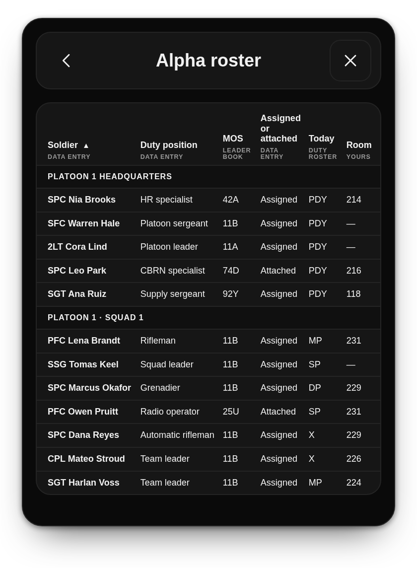 The Alpha roster: example Soldiers in one table by section, with duty position, MOS, today's duty and a Room column the leader added.