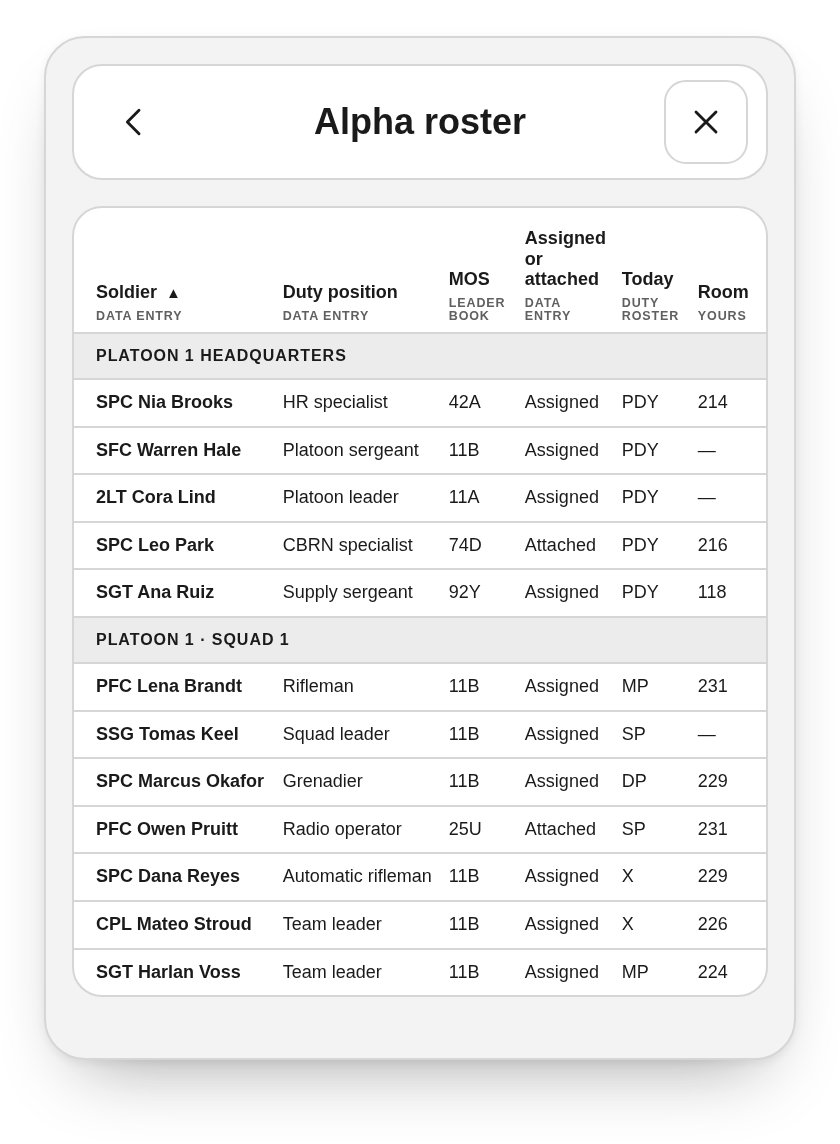The Alpha roster: example Soldiers in one table by section, with duty position, MOS, today's duty and a Room column the leader added.