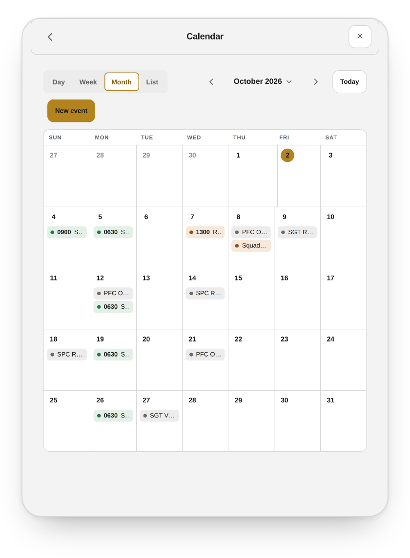 The calendar in Month view for October 2026, with SGT Ruiz's AFT on the 9th among the unit's events and due dates.