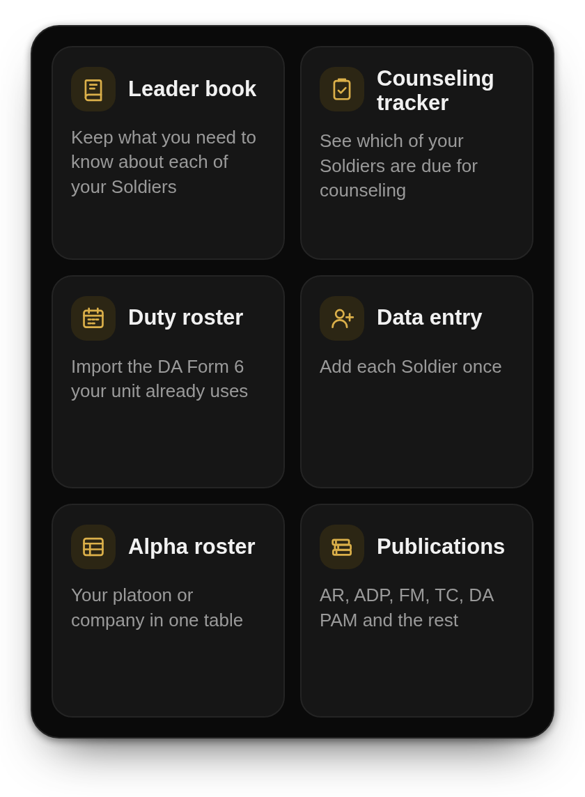 Six Leaders' Hub tools on cards: Leader book, Counseling tracker, Duty roster, Data entry, Alpha roster and Publications.