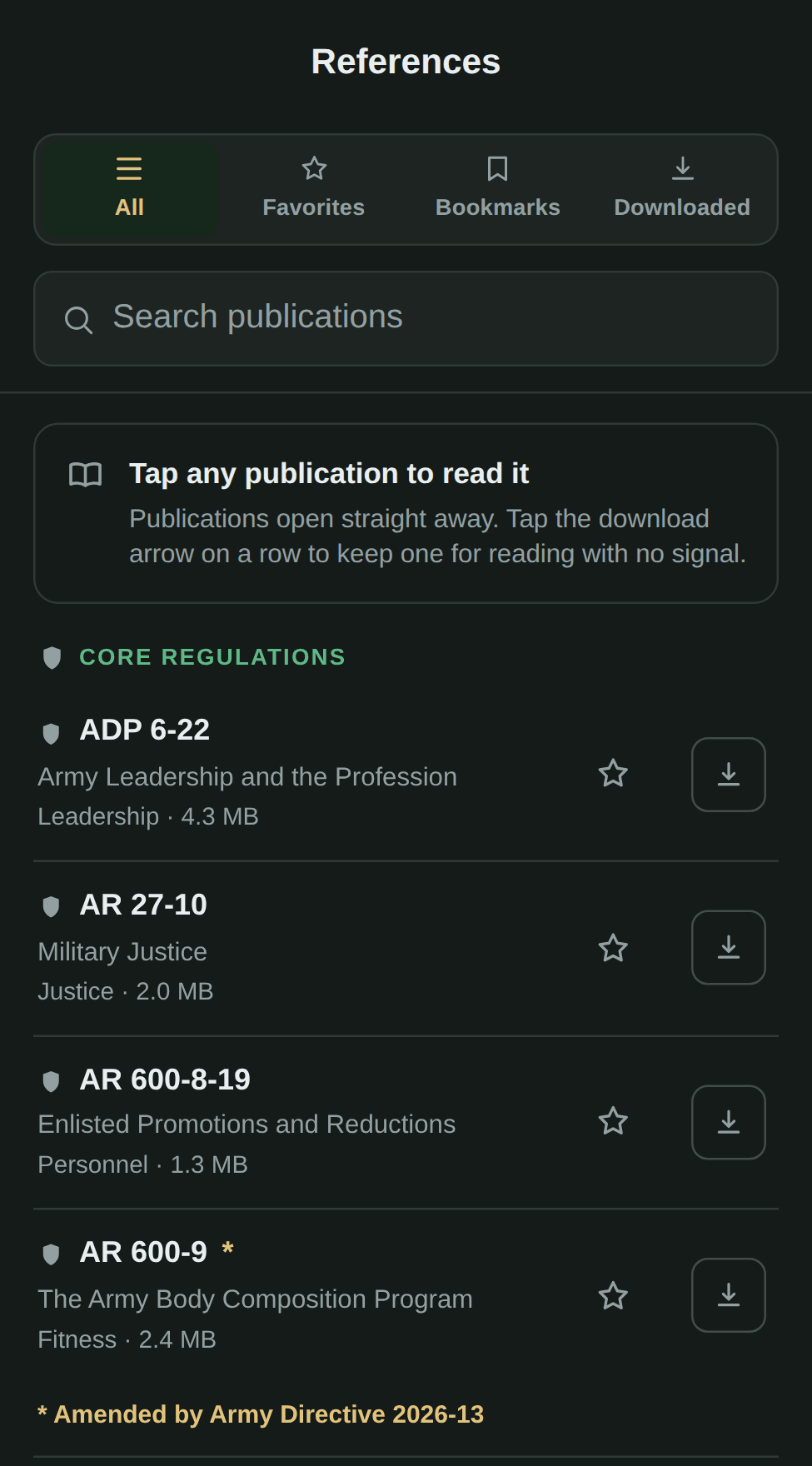 A list of Army publications in the app (dark)