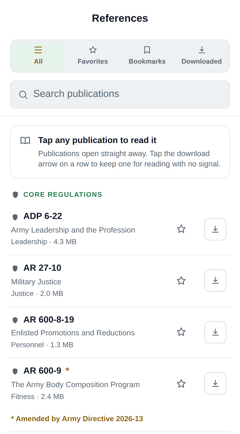 A list of Army publications in the app