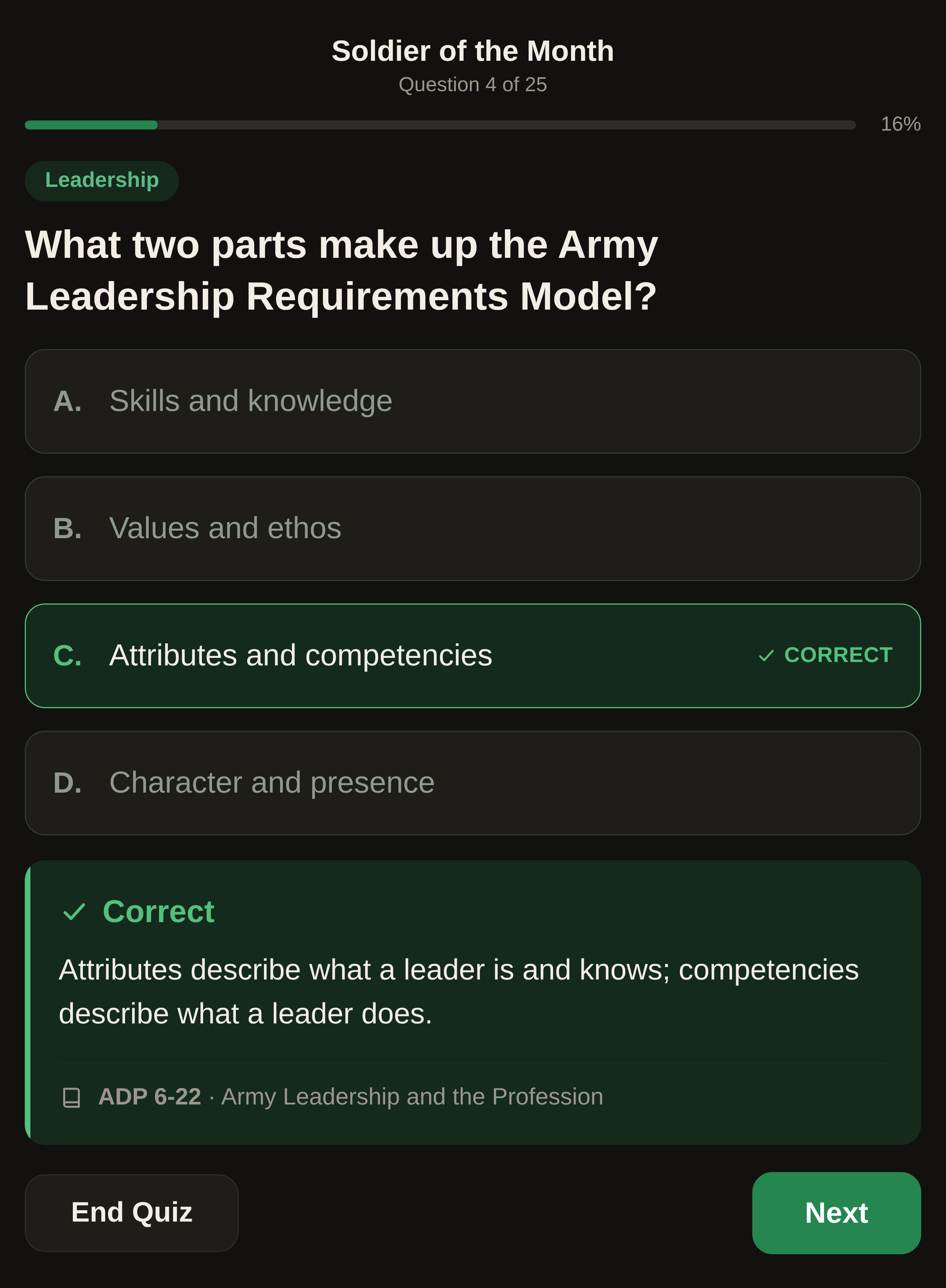 A graded quiz question on the Army Leadership Requirements Model (dark)